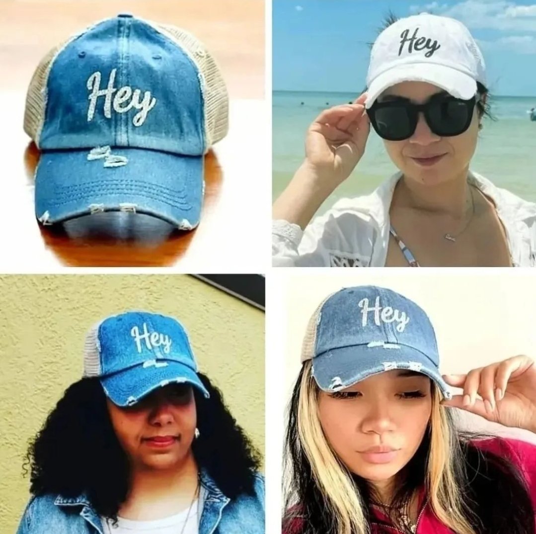 The 'HEY' Vintage Trucker Hat
♦️100% distressed cotton 
♦️Glitter letters
♦️One size fits most
Avail in denim,white, & navy for $19.99 on heygirlietravel.com/product-page/v…
#heygirlietravel #Hey  #vintagetruckerhat #truckerhat #hat #heygirletank #travelaccessories #petaccessories
