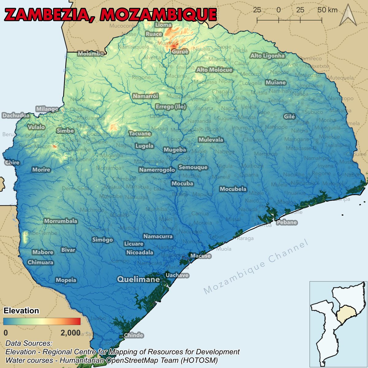 Day 8 - Africa. This year I was so lucky to start a great project on flood and water management in Quelimane, Mozambique. Lots of participatory GIS and community-focused interventions. Here we have the elevation and watercourses of the Zambezia province for the #30DayMapChallenge