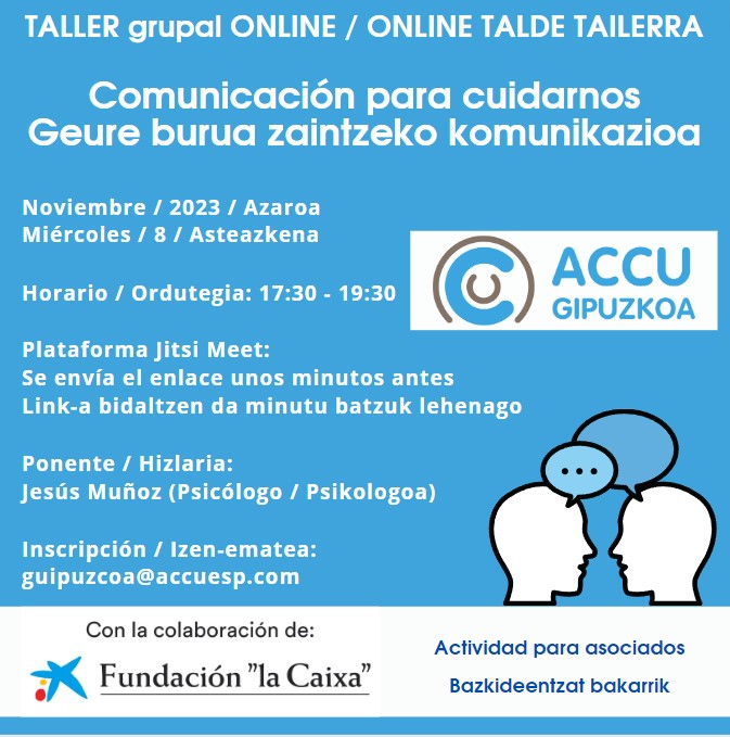 Hoy taller Online ACCU Gipuzkoa. De 17:30 a 19:30.
