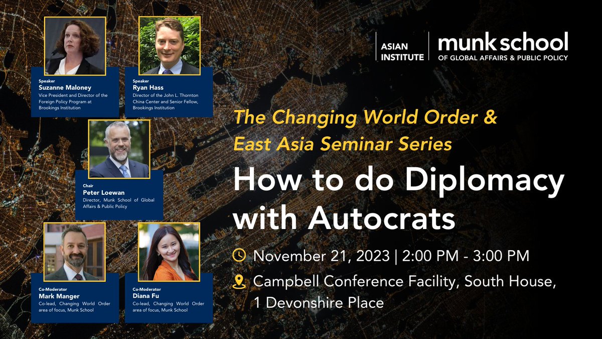 Global democratic backsliding has divided the world into two camps: democracies and autocracies. Yet, diplomacy must go on in order to ensure global security. Join us to de-code geopolitical tensions and hear first-hand how such diplomacy is conducted. 🔗uoft.me/diplomacy-auto…