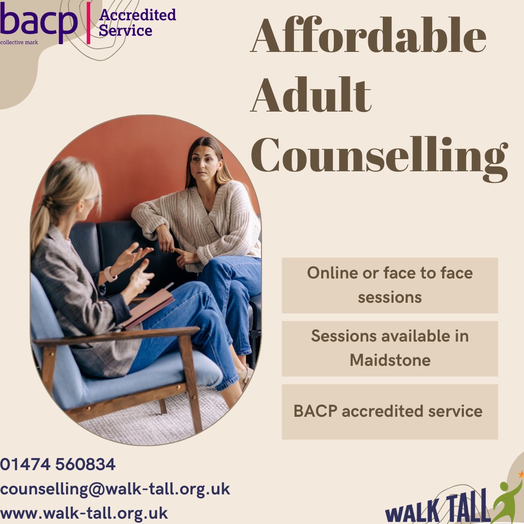 Maidstone availability for our affordable adult counselling service. Online and face to face availability. Call or email today for more information!
#counselling #mentalhealth #mentalhealthmatterstoo  #walktall #maidstone #dartford #gravesend #gravesham #medway