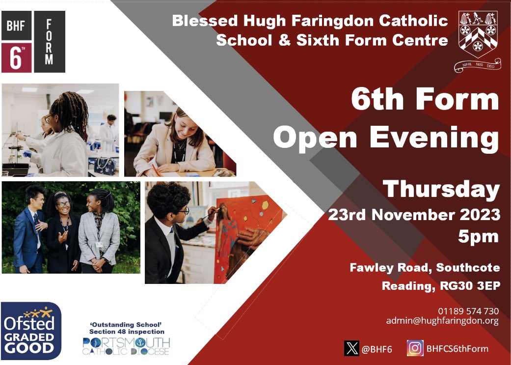 🚨6th Form Open Evening  <a href="/bhfcs/">Blessed Hugh Faringdon Catholic School</a> 🚨is on Thursday 23rd November at 5pm! Come and see the range of #alevel and #level3btec courses we have on offer and meet our amazing #sixthform students #nihilnisideo #year11choices #post16