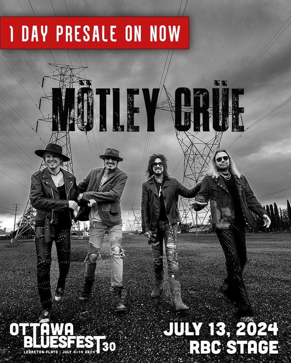 1-DAY PRESALE ON NOW! ❤️‍🔥 Lock in your July 13 GA and VIP Club tickets on presale NOW through 11:59PM ET (11/08) for @MotleyCrue on the @RBC Stage. 🎟 on.ottawabluesfest.ca/trk/MwVsb General on-sale begins Thursday (11/09) at 10am. #OttawaBluesfest2024 #grabyourcrüe #kickstartyourheart