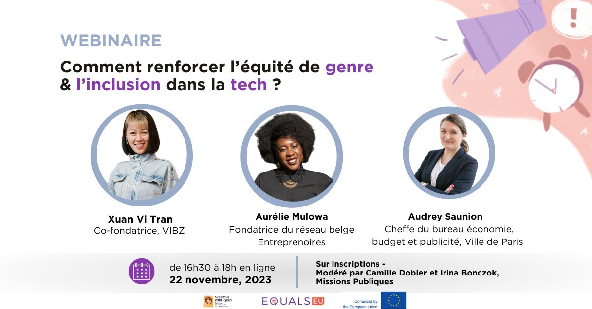 Missions Publiques (@mpubliques) on Twitter photo INVITATION WEBINAIRE 📩
Comment renforcer l’équité de genre et l’inclusion dans le numérique ?
Nous revisiterons le projet <a href="/Equals_EU/">EQUALS-EU</a> et explorerons les outils conçus par des équipes pluridisciplinaires, composées de #femmes et de #minorités de #genre.
🔗missionspubliques.zoom.us/meeting/regist… INVITATION WEBINAIRE 📩
Comment renforcer l’équité de genre et l’inclusion dans le numérique ?
Nous revisiterons le projet <a href="/Equals_EU/">EQUALS-EU</a> et explorerons les outils conçus par des équipes pluridisciplinaires, composées de #femmes et de #minorités de #genre.
🔗missionspubliques.zoom.us/meeting/regist…