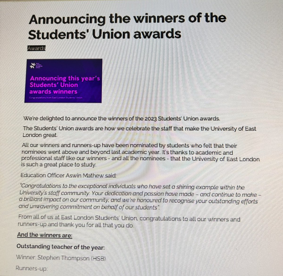 5t3phenThomps0n's tweet photo. Just found out… I have won the “Outstanding teacher of the year” award from UEL Student Union. Thank you everyone. I am very honoured to receive this award. https://t.co/qJvL7asVVE