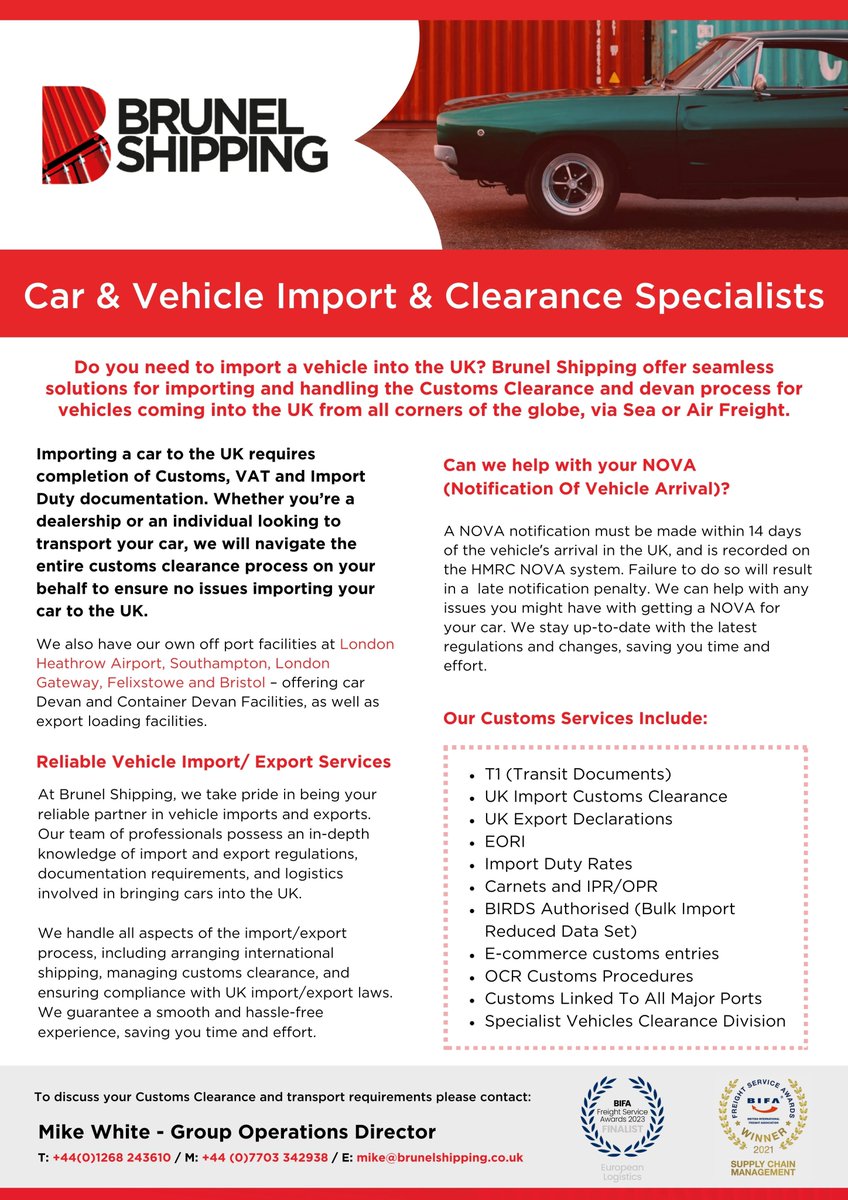 Do you need to import a vehicle into the UK? We offer seamless solutions for importing and handling the customs clearance and devan process for vehicles coming into the UK 🚗

Find out more: brunelshipping.co.uk/car-import-uk.…
