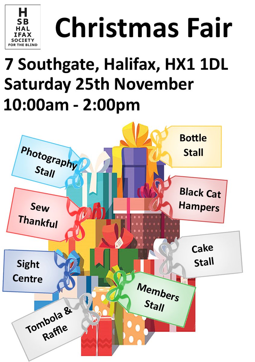 VACLocalLives's tweet photo. Join #VACMember organisation Halifax Society for the Blind for their exciting Christmas Fair! 🥳🎄

 Date: 25/11/23 
📍7 Southgate, Halifax, HX1 1DL https://t.co/kGb6usxL6r