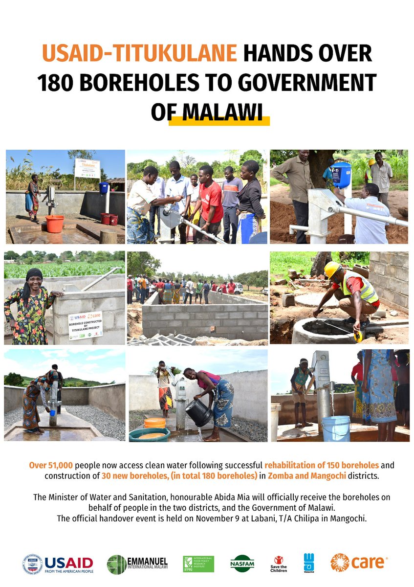 titukulaneRFSA's tweet photo. @USAIDMalawi funded #TitukulaneRFSA a @CAREIntMalawi led consortium hands over 180 boreholes to @malawi government benefitting 51,000 people in #Mangochi and #zomba districts. https://t.co/dkQaUCOcKI