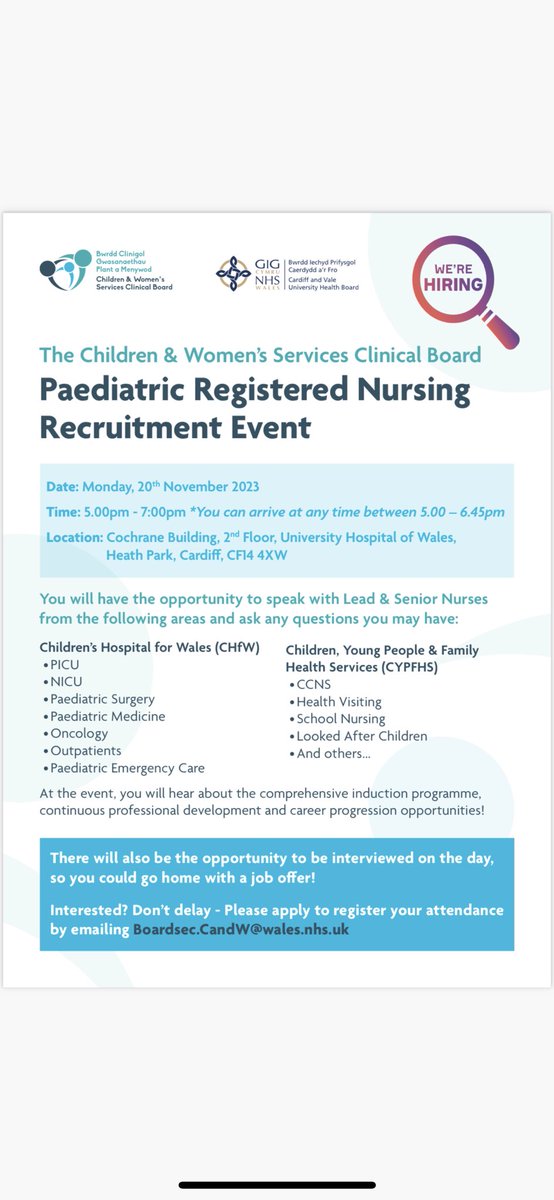 Really excited- just 11 days till our paediatric nursing focused recruitment event. Please help spread the word @CV_UHB @cavcw @noahsarkcharity @SSalimkutty