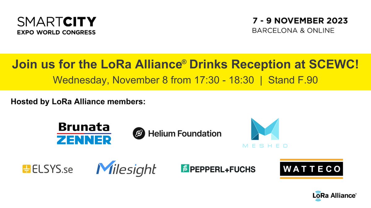 Are you attending Smart City Expo World Congress? Join the #LoRaAlliance and our members Brunata ZENNER (<a href="/zenneriot/">ZENNER IoT Solutions</a>), <a href="/HeliumFndn/">Helium Foundation 🎈</a>, <a href="/MeshedIoT/">Meshed</a>, ELSYS, <a href="/MilesightIoT/">Milesight IoT</a>, Pepperl+Fuchs Group and <a href="/nke_Watteco/">nke Watteco</a> for a Drinks Reception in Hall 2 at Stand F.90. See you there 👋