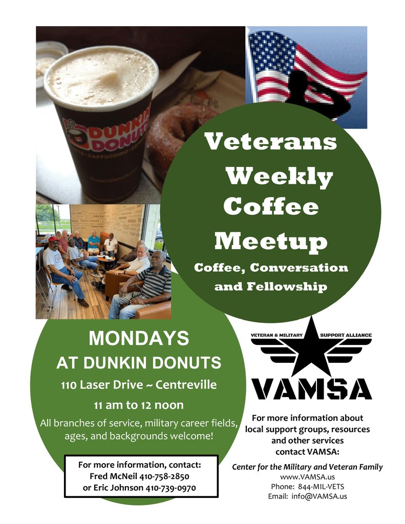 #OperationGreenLight

VAMSA invites you to join their weekly coffee meetup for veterans. All branches of services, military career fields, ages, and backgrounds welcome! For more information contact Eric Johnson at 410-739-0970.

#Veterans #VeteranMentalHealth