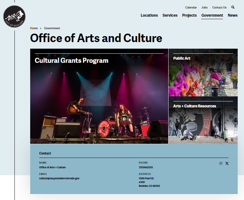 New look, same great work! Our office, that is. We have moved to the <a href="/bouldercolorado/">City of Boulder</a> website. After Nov. 15., Boulderarts.org links will still work and forward you to the new landing page.

Bookmark me: bouldercolorado.gov/government/dep…