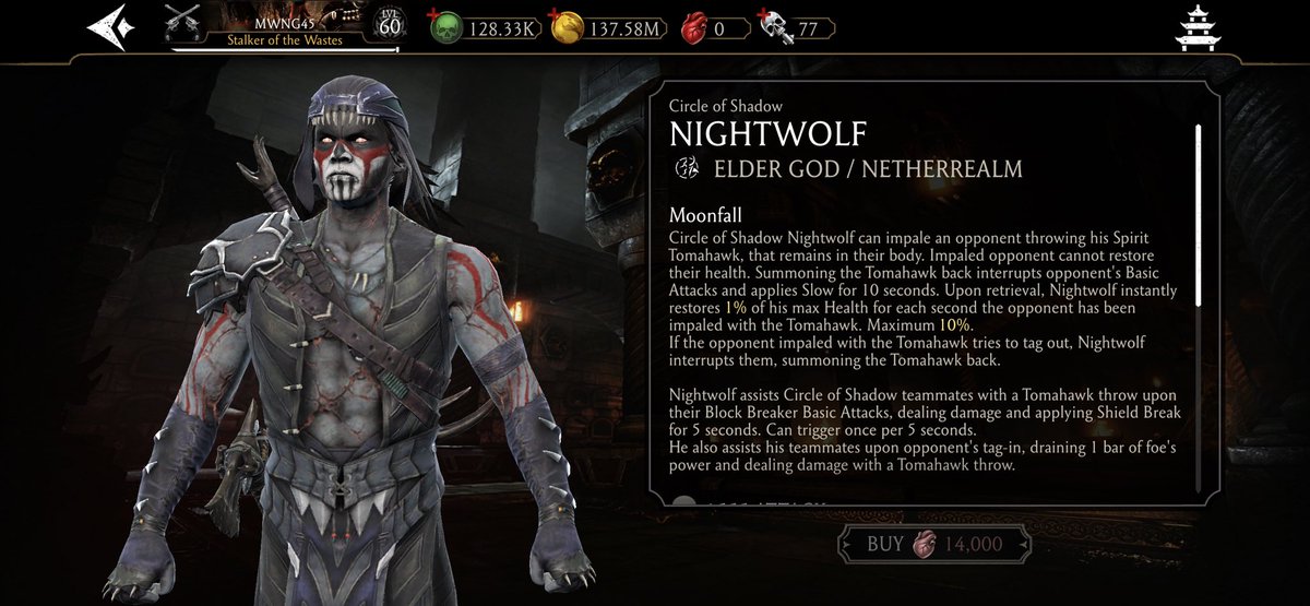 ManWithNoGame45's tweet image. Circle of Shadow #Nightwolf is available in the #Krypt Store!!! #MKMobile