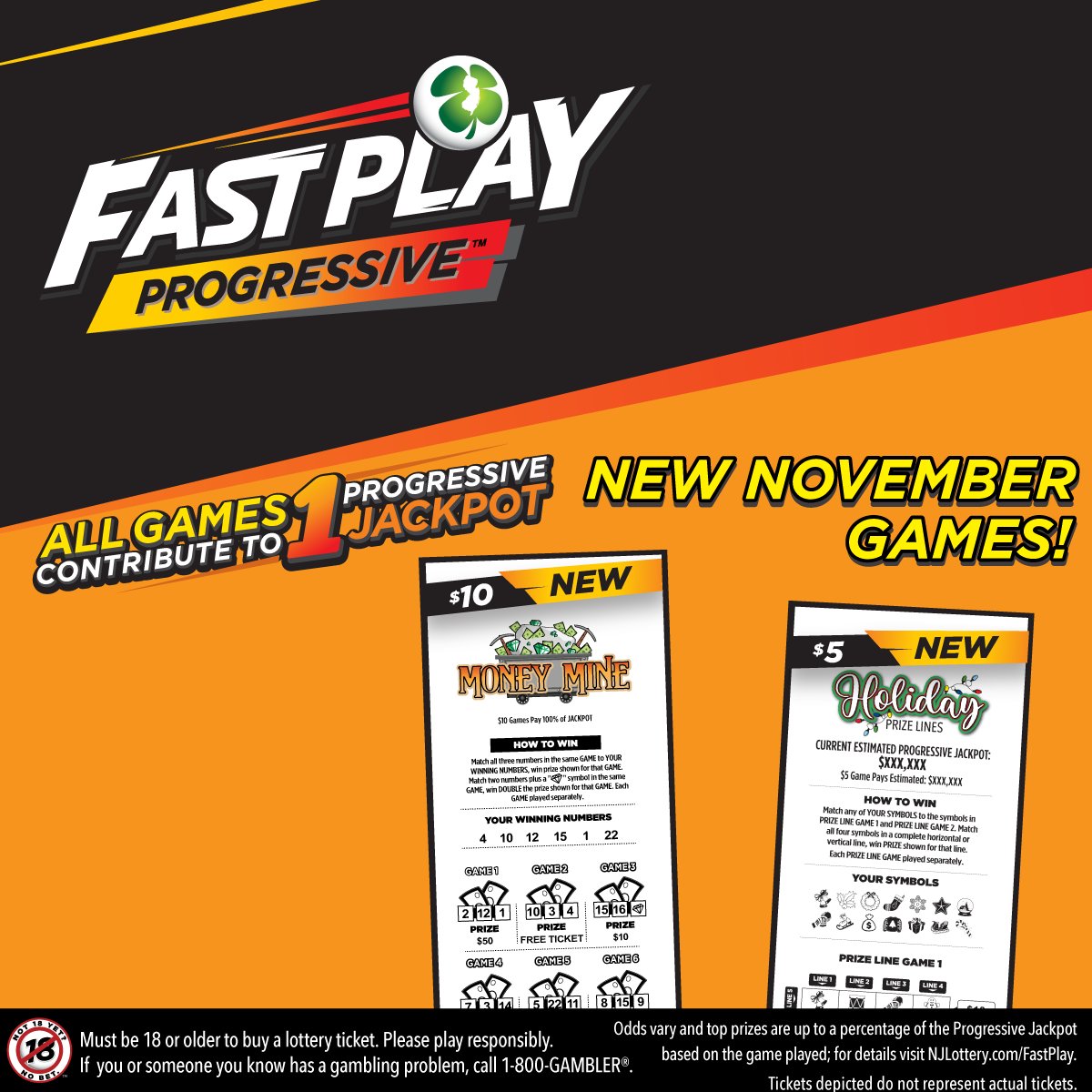 You have a chance to win BIG this November with Jersey's FAST rolling jackpot! TWO new Fast Play Progressive games just dropped - $10 Money Mine AND the $5 Holiday Prize Lines. Don't miss this opportunity - visit NJLottery.com/FastPlay NOW for more! #FastPlay #NJLottery