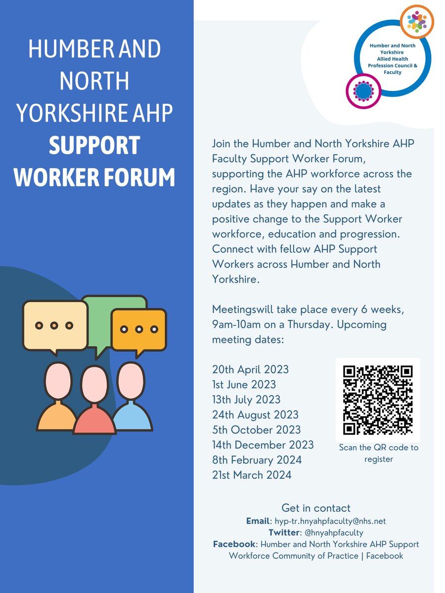 HNYAHPFaculty&Council (@hnyahpfaculty) on Twitter photo We welcome all AHP Support Workers in HNY to join our discussion forum.
We have made some adjustments to upcoming dates - the next time we meet will be Thursday 14th December.
Scan the poster QR code to buy a ticket or email the HNY AHP Faculty at hyp-tr.hnyahpfaculty@nhs.net We welcome all AHP Support Workers in HNY to join our discussion forum.
We have made some adjustments to upcoming dates - the next time we meet will be Thursday 14th December.
Scan the poster QR code to buy a ticket or email the HNY AHP Faculty at hyp-tr.hnyahpfaculty@nhs.net