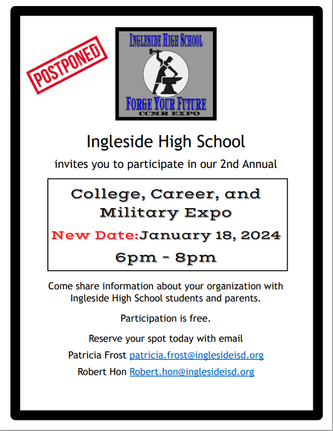 Attention Mustangland: Due to the success of our football team and 1st round playoffs, our Mustangland "Forge Your Future" CCMR Expo is postponed until Jan 18th so the community can support our Mustangs in Hebbronville vs La Grulla!  See attached flyer for details!  GO MUSTANGS!!