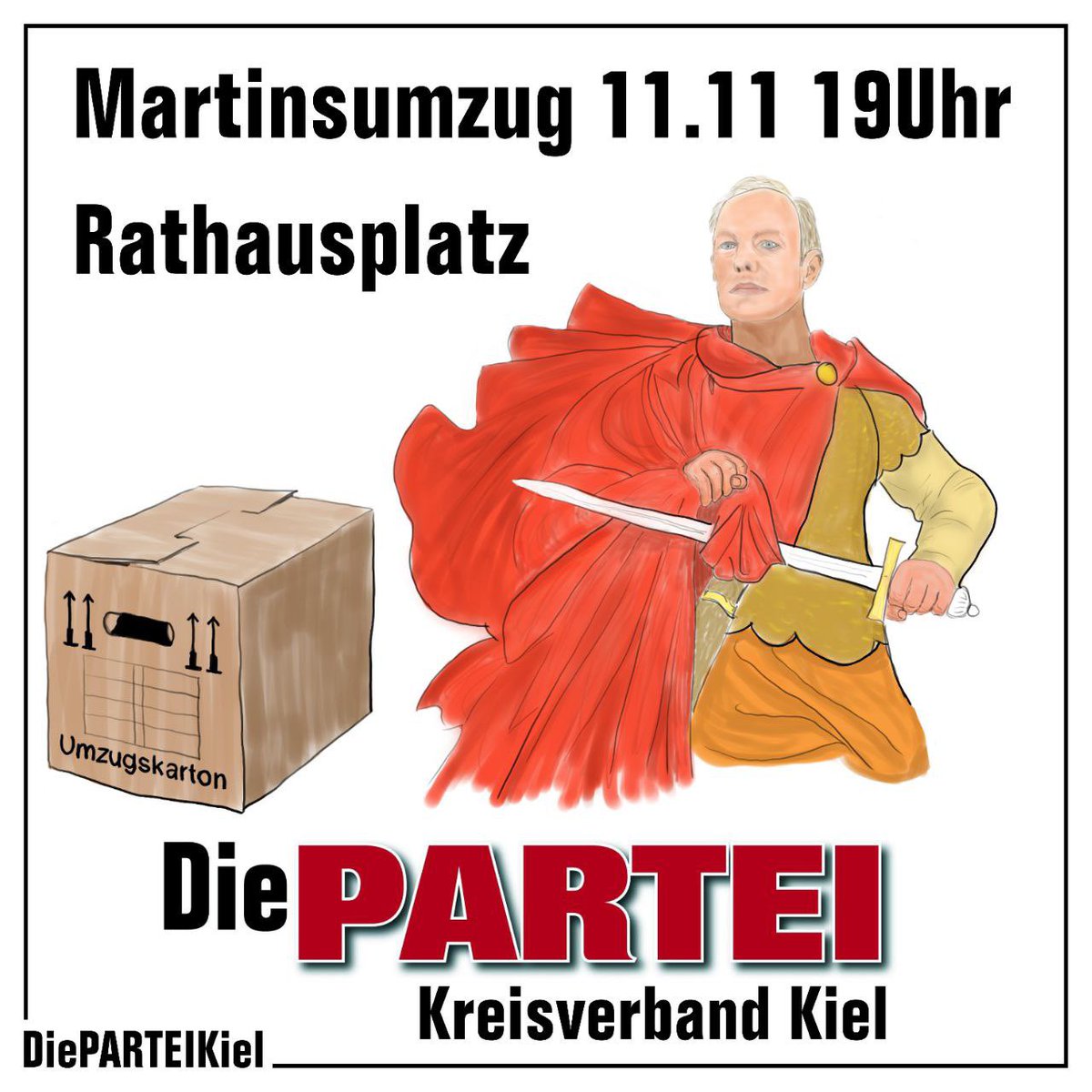 *Laterne, Laterne, Sonne Mond und Bier*
Es ist soweit: Saint Martin kommt und mit ihm Die PARTEI Laterne laufen. Lasst uns gemeinsam unseren Mantel teilen und vielleicht ein Getränk. Start 19 Uhr Rathausplatz. Mitgebrachte Laterne wird belohnt.#Laternelaufen #Feierwehr #DiePARTEI