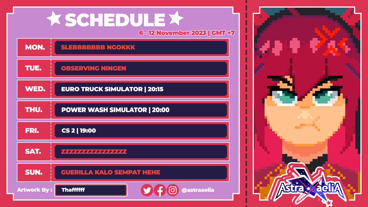 AstraAelia's tweet photo. 【WEEKLY SCHEDULE】

📅 6 - 12 November 2023📅

HASHTAG
🔭General • #AstraAelia
🔭Live • #AeliaLive 
🔭Clips • #AeClips 
🔭Fanart • #Astrasketch
🔭Memes • #Aelaheuheu
🔭Fanname • #Aelien https://t.co/GifGHs9rEh