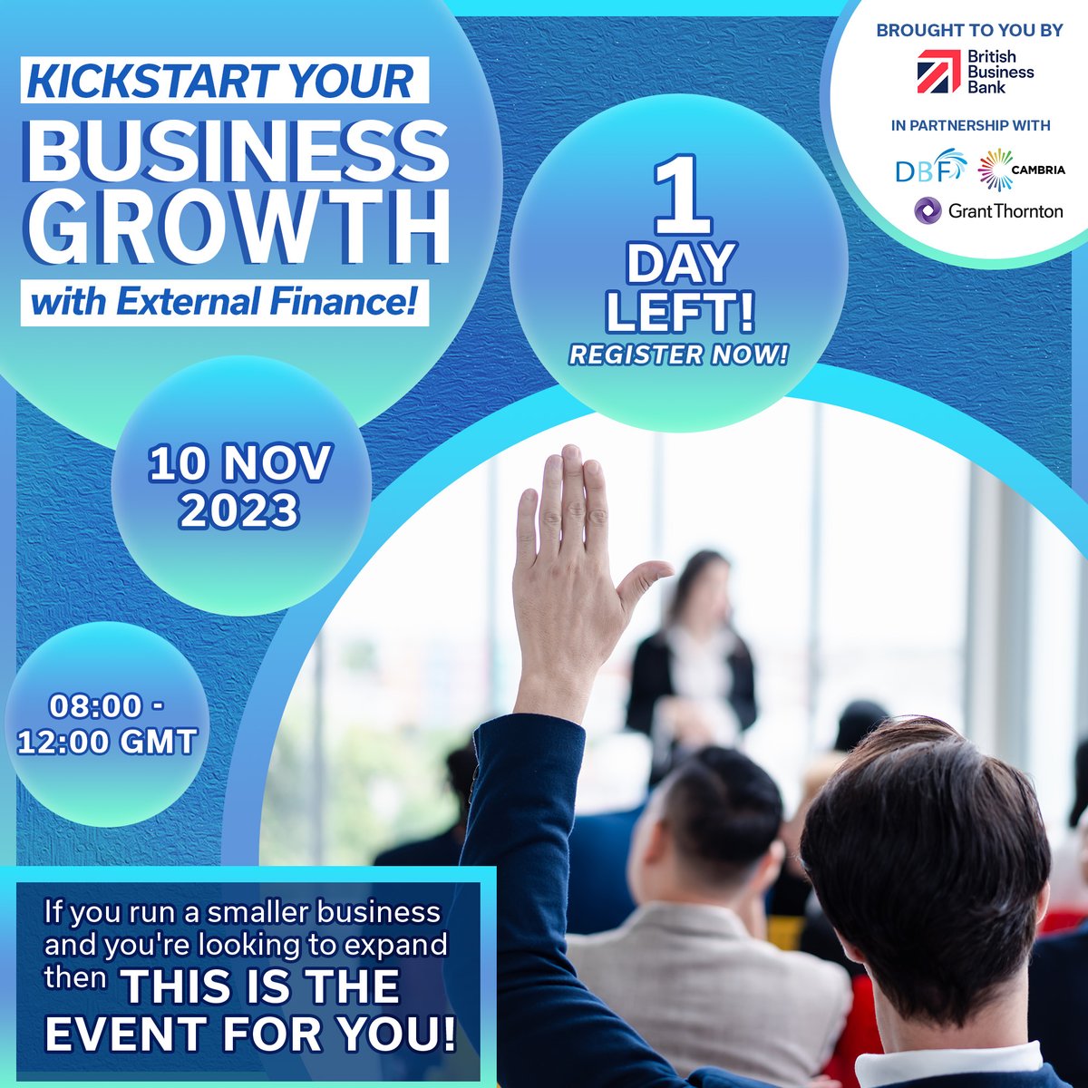 🌟 We're almost there! Only 1 day left until you can unlock the keys to business growth through external finance at 10-11 at Coleg Cambria, hosted by British Business Bank, Deeside Business Forum, and Grant Thornton. t.ly/cuzWs #Countdown #Finance