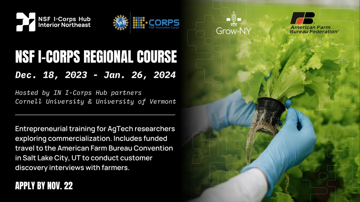 Explore the #commercialization potential of your innovative #AgTech research through AgCorps: an NSF I-Corps Regional Course (Dec. 18-Jan. 26)! This FREE course begins online & culminates with funded travel to Salt Lake City for #AFBF24. Apply by Nov. 22: bit.ly/AgCorps24