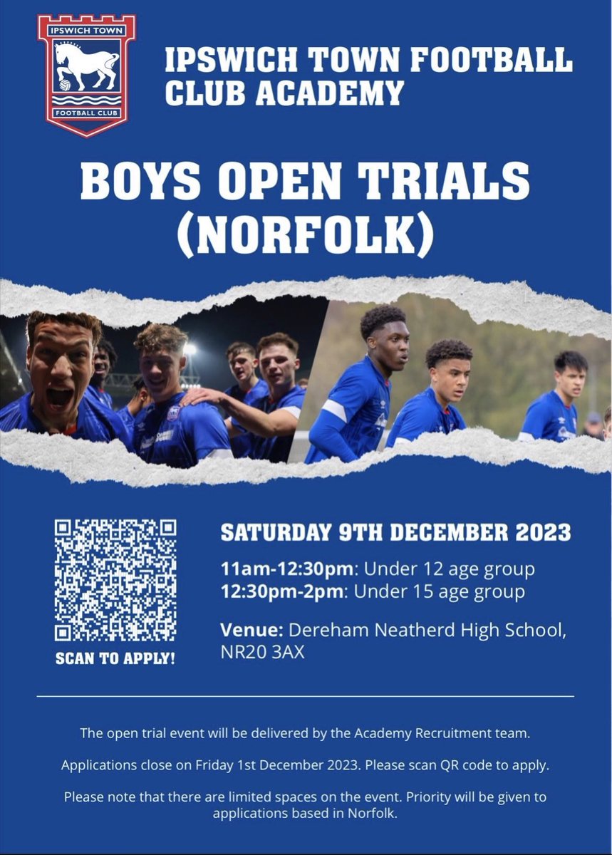 thomas_rumsey's tweet photo. Regional Academy Open Trials 🚜🔵

NEW trial event added for the U10 &amp; U11 age groups for boys across #Norfolk 

📍 Dereham (U12 &amp; U15)
📍 Wymondham (U10 &amp; U11)

Follow the application process by scanning the relevant QR code. #ITFC @NorfolkCountyFA https://t.co/xKYW4IhHJH