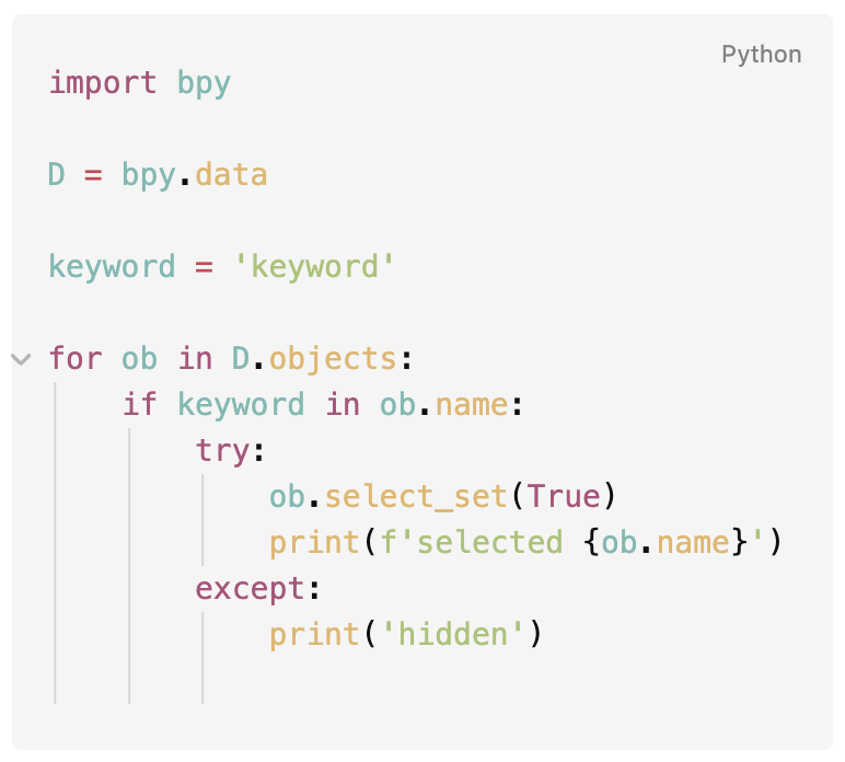 fletchgraham's tweet photo. The best skill I learned as a 3D artist was Python scripting. It allowed me to change jobs and double my salary

Start small.

Find a single part of your workflow that you can automate with a script. This was one of my first Blender scripts to select objects by keyword

#b3d https://t.co/aXChMnv6qn