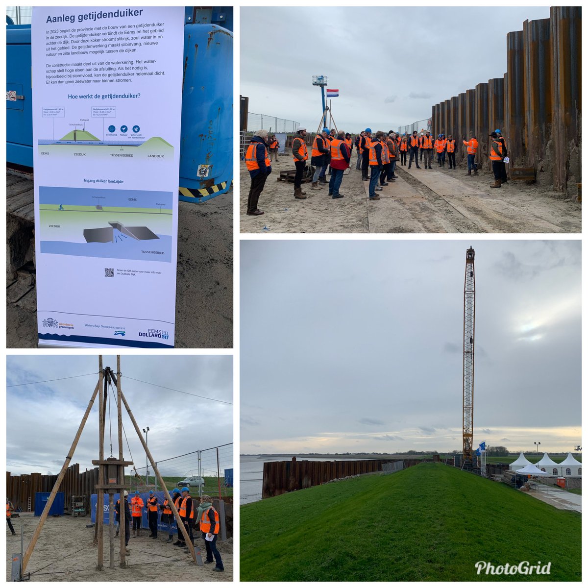Start bouw getijdenduiker bij zeedijk Eems. Onderdeel v innovatieproject Dubbele Dijk. Zout water stroomt dr dijk, maakt slibvang+zoute teelt mogelijk. Zwaarste starthandeling ooit v scheidend ⁦<a href="/delta_comm/">Deltacommissaris (DC)</a>⁩ PeterGlas #dijkwerkers ⁦<a href="/Noorderzijlvest/">Waterschap Noorderzijlvest</a>⁩ <a href="/provgroningen/">Provincie Groningen</a>⁩