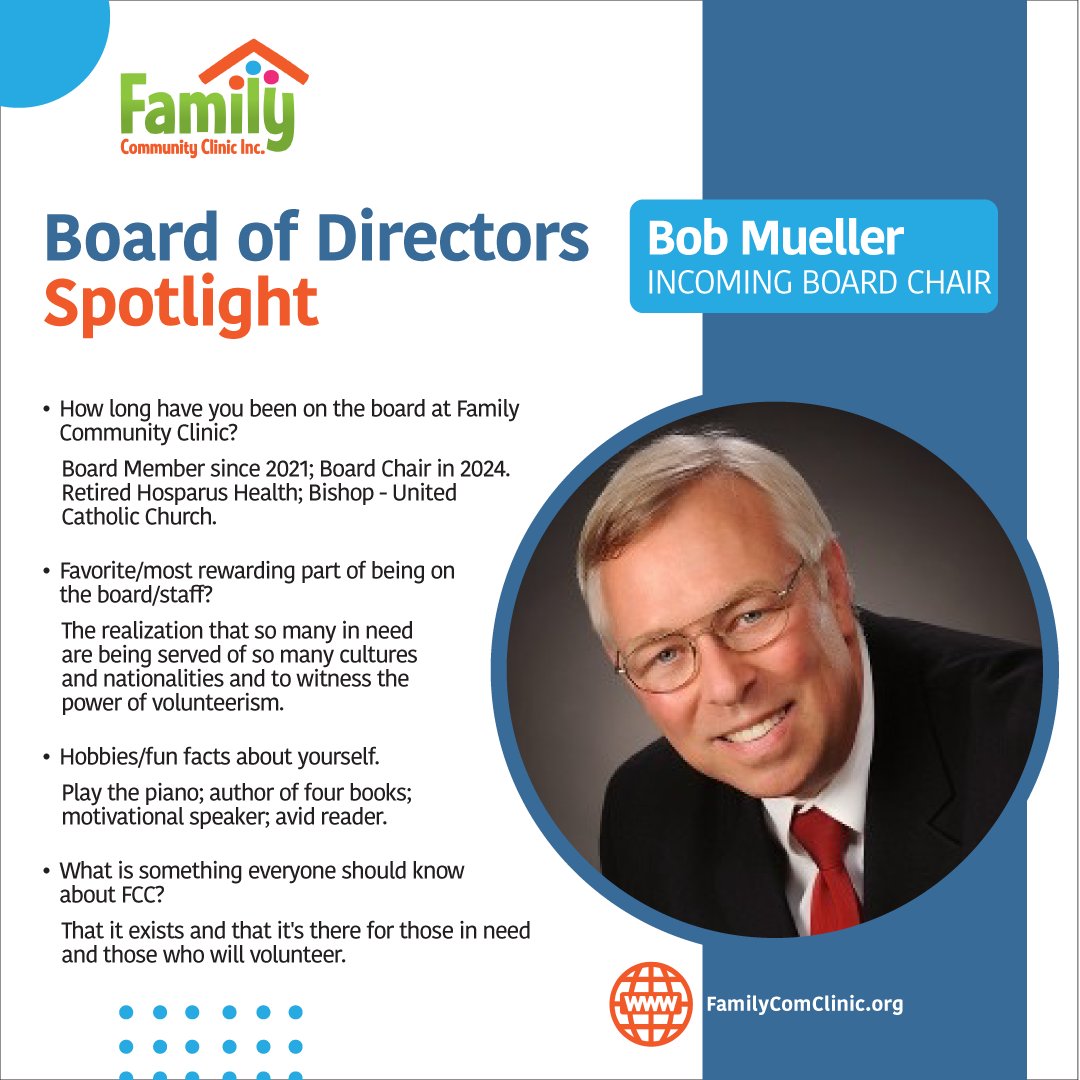 #FCCBoardOfDirectorsSpotlight: Bob Mueller

Bob has been a Family Community Clinic board member since 2021, &amp; will become Board Chair in 2024. Bob plays piano, is a motivational speaker, avid reader &amp; has authored 4 books.

Now that you know him, say hi to Bob! 👋
