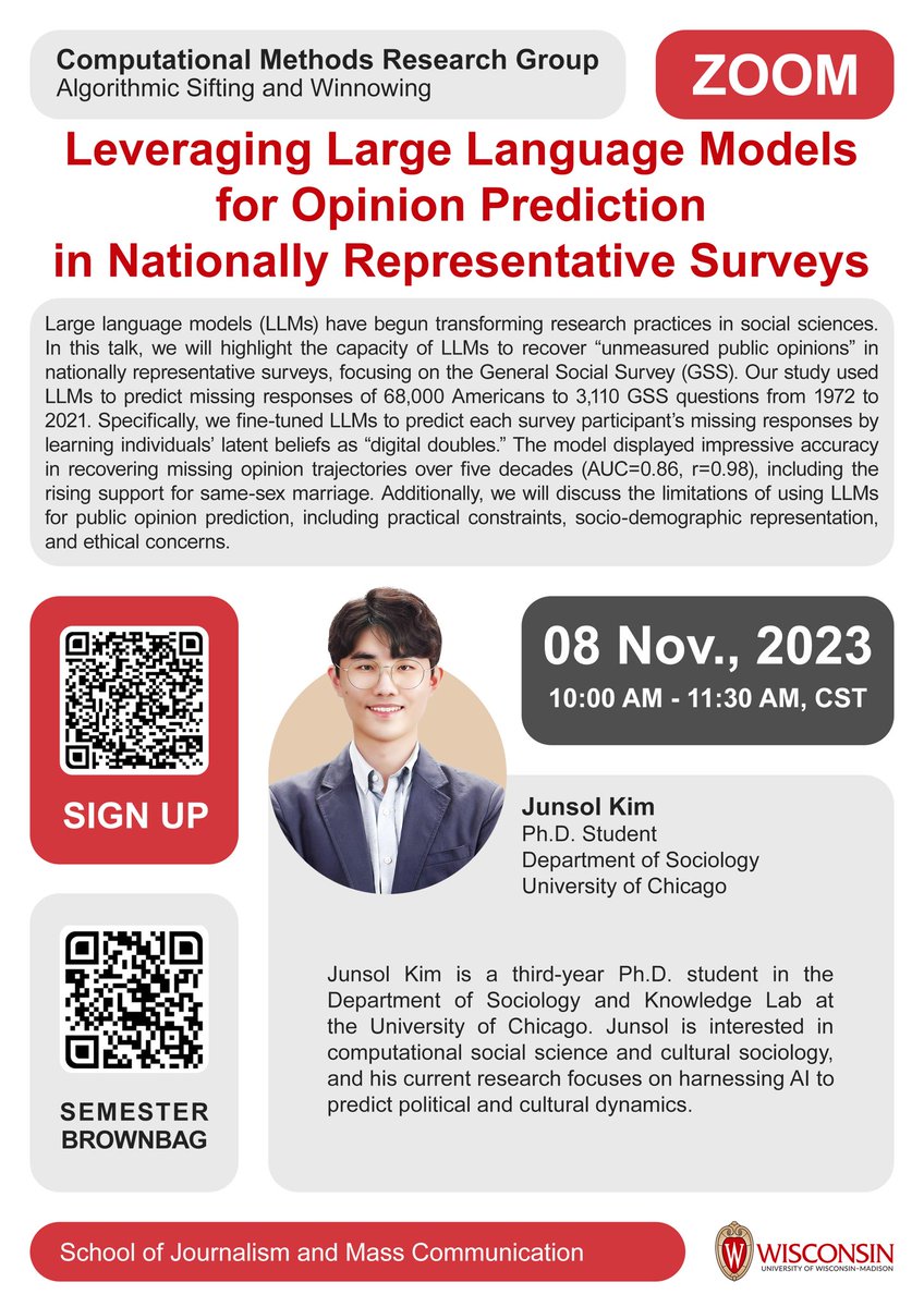 Zening_Duan's tweet image. Join us for #CMRG’s new computational brownbag on Today 10:00-11:30 AM, CST. Our guest speaker Junsol Kim (@JunsolK), PhD student in Sociology,  U of Chicago, will share his very timely research on how to leverage Large Language Models for predicting missing responses in surveys.