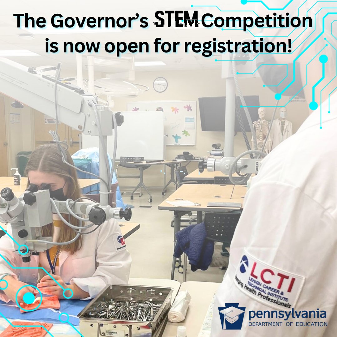 The Governor's STEM Challenge is now open!

This annual contest challenges student teams to research, design, and present a device or project that can improve the lives of Pennsylvanians. 

Start brainstorming your project ideas and register your team at education.pa.gov/K-12/STEM/Page…!