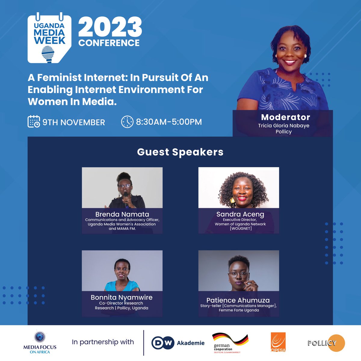 📢 Join us on Nov 9th at 11:30AM EAT for a panel discussion on 'A Feminist Internet: In pursuit of an Enabling Internet Environment for Women in Media' during Uganda Media Week 2023. We'll delve into issues of online safety, and more.
 #FeministInternet #UgandaMediaWeek
