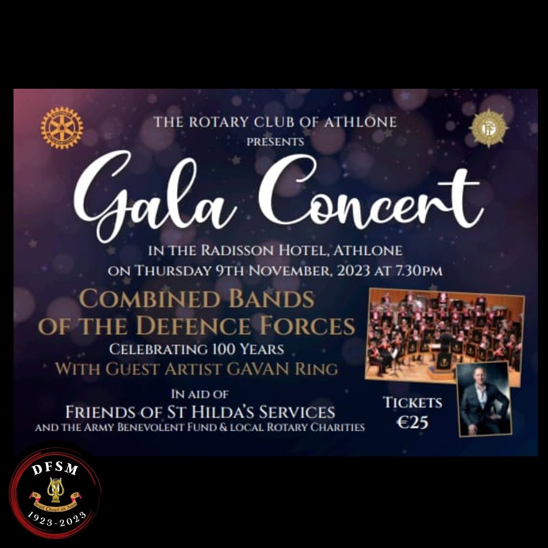 We continue our 100th Anniversary celebration tomorrow with a Gala Concert in the Radisson Hotel, Athone! The Combined Bands of the Defence Forces School of Music will be joined by @gavanring for a wonderful night of music! The concert starts at 1930!