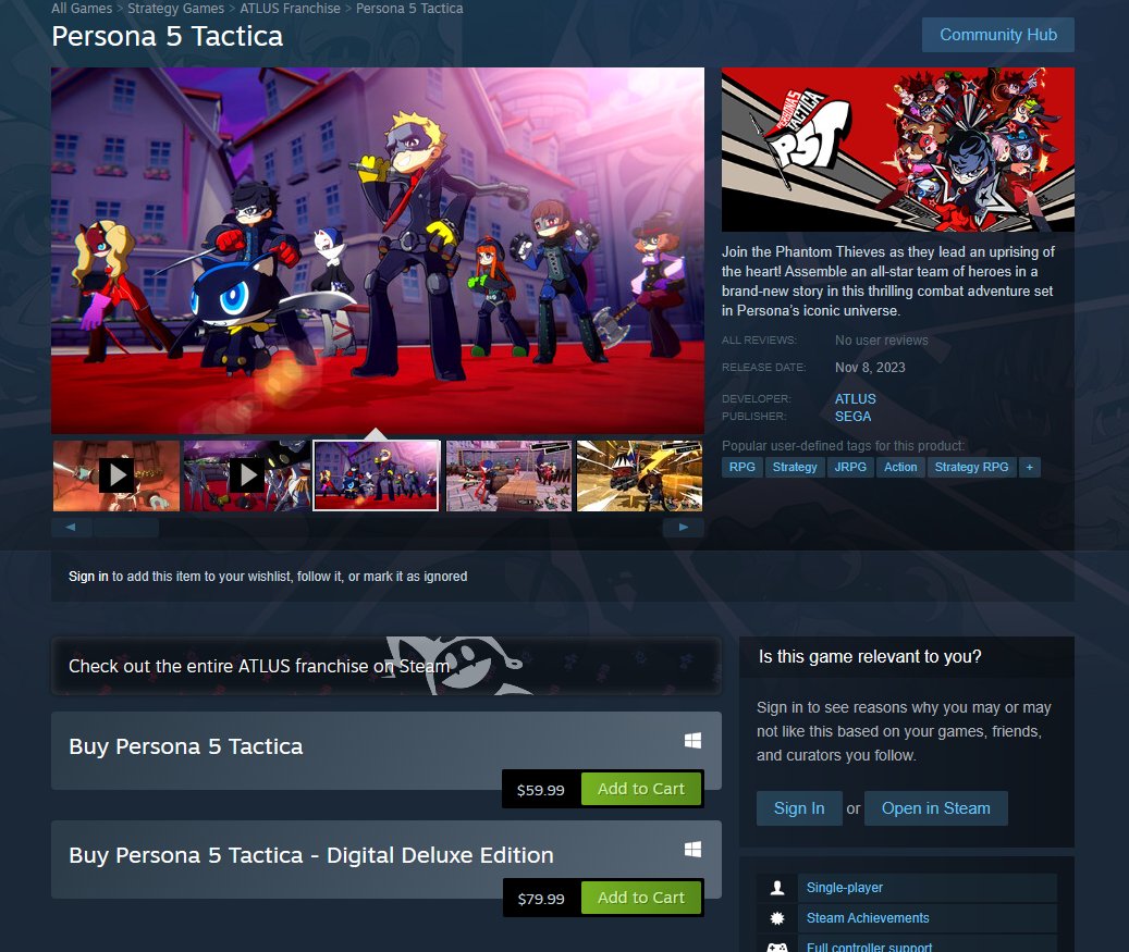 Persona 5 Tactica, PC Steam Game