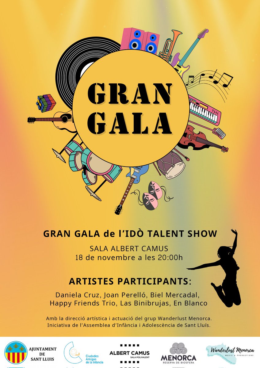 Gran Gala de l'Idò Talent Shown
🗓️18 de novembre
⏰ 20:00 h
📌 Sala Albert Camus
🎭Artistes: Daniela Cruz, Joan Perelló, Paco Mercadal, Happy Friends Trio, Las Binibrujas, En Blanco
#menorca #cultura #santlluís  #talent #show #unicef #assemblea #infancia #adolescencia