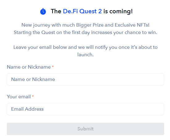 PeakyClubENG's tweet photo. Hi 
@DeDotFi Quest 2 is coming!
Registration for #DeDotFi Rewarding Quests is now open.
It will be important to start the quests on the first day for a chance to win #NFT and great prizes. 
They will inform us via the email we left when they will start. 
🔗https://t.co/GEswOvTCFP https://t.co/KUnxuKGr2G