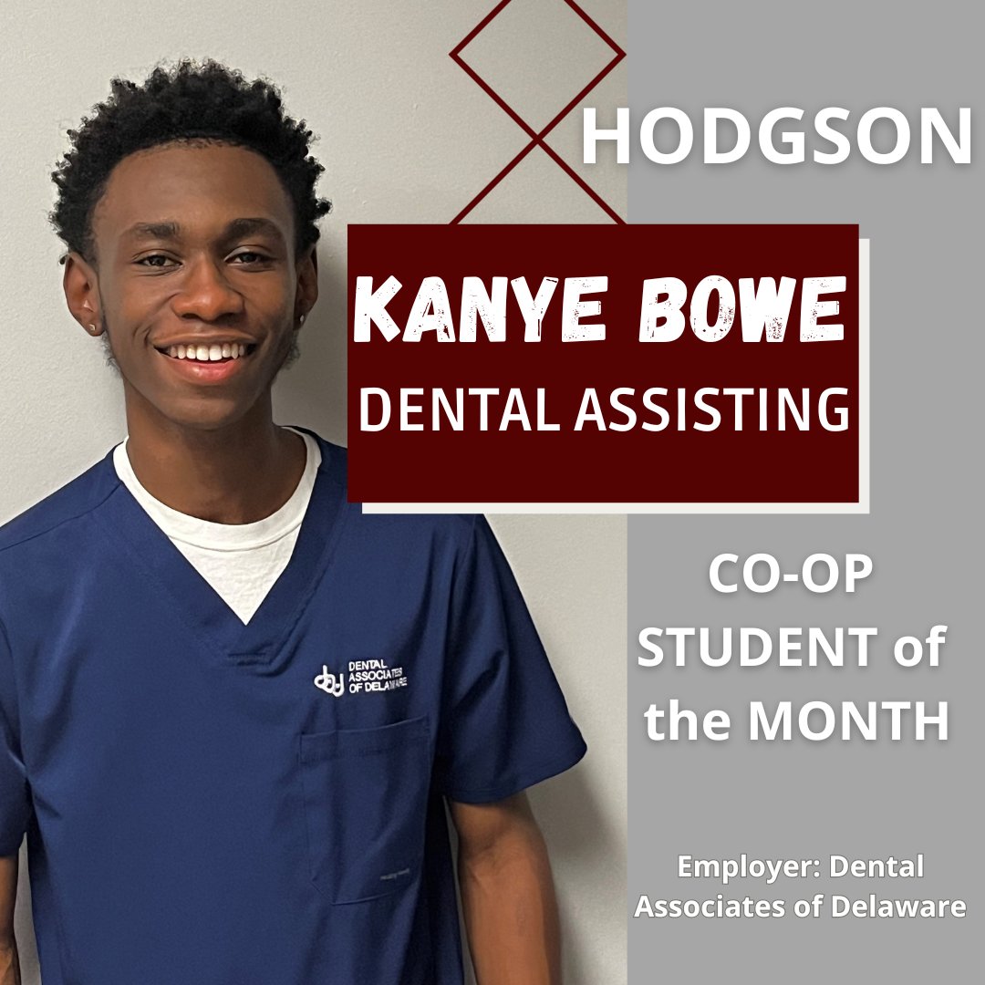 Congratulations to Hodgson's October Co-Op Student of the Month, Dental Assisting Senior, Kanye Bowe.  Kanye continues to be an excellent employee with Dental Associates of Delaware's Middletown office. Keep up the great work Kanye!
#MakeEmBelieve
#NCCVTWorks