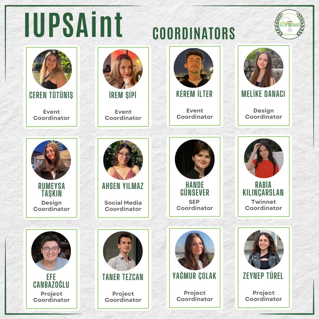 2023-2024 dönemi IUPSAint ailesi olarak karşınızdayız.✨ 
Sizlerle gelecek etkinliklerimizde görüşmek için çok heyecanlıyız.🤩 Takipte kalın!🐢💚

Introducing the 2023-2024 IUPSAint family.✨
We are so excited to welcome you to our upcoming events.🤩
Stay tuned!🐢💚
