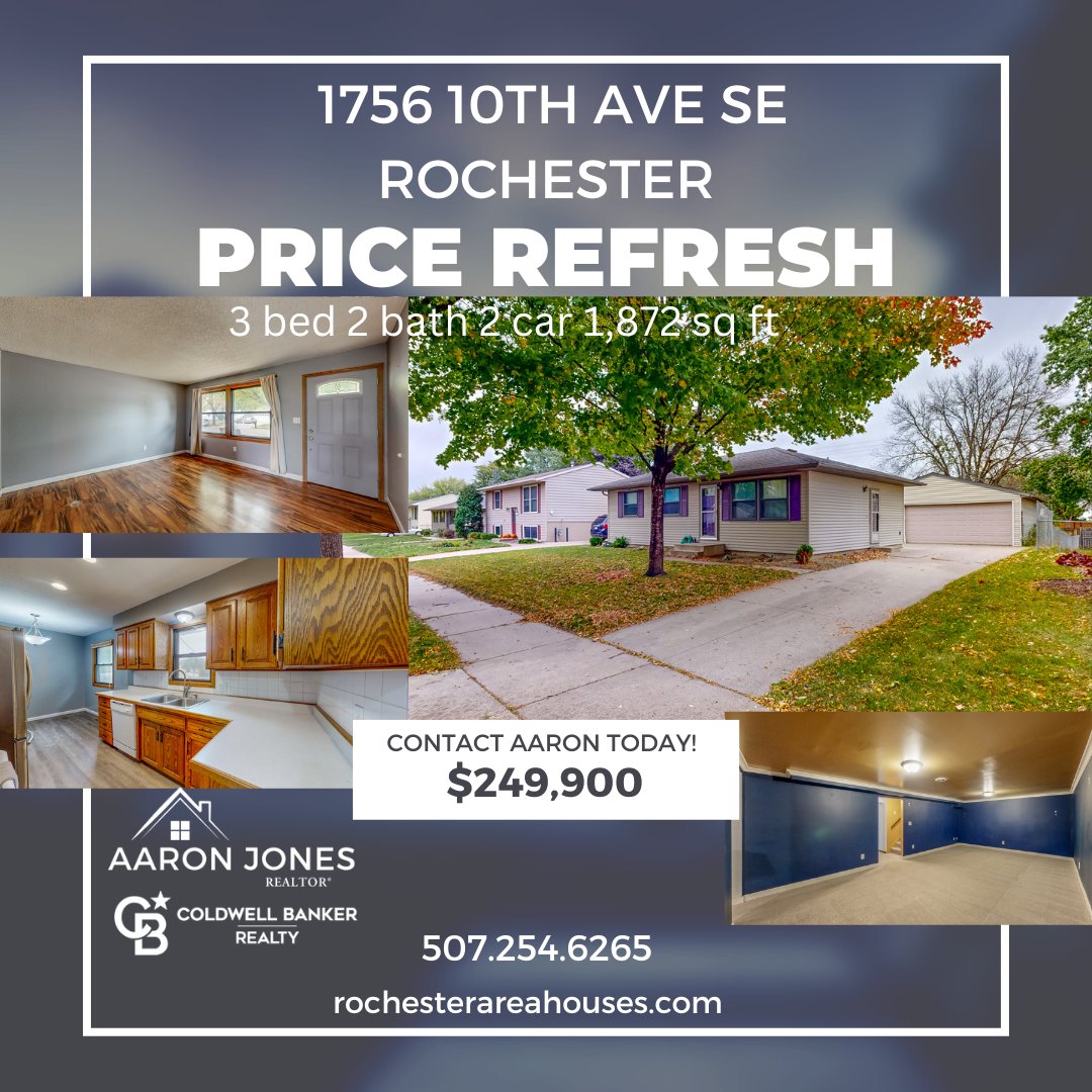 With interest rates lowering & this price adjustment--here's a great opportunity!  Call Aaron for to take a look! 507.254.6265!

#rochmn #rochestermn #rochesterareahouses #mayoclinicmn #medcity #aaronjonesrealtor #coldwellbankerhomes