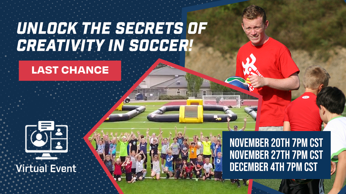 🚀 Join us for a game-changing virtual event series: 'Unlocking Soccer's Creativity Secrets!' ⚽ Attend one or all three events! 📅 Date: Nov 20th, Nov 27th, and Dec 4th at 7 pm CST 📚 Free training resource for attendees! 🔒 Secure your spot now: challengersports.com/virtual-event/