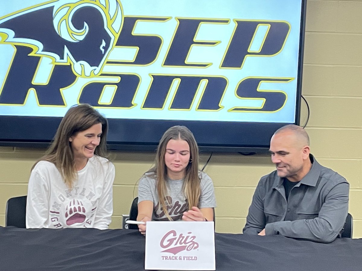 SEPRamsSB's tweet photo. Congratulations to Libby for signing this morning to continue her academic and track career at the university of Montana!  The Grizzlies are lucky to have you!  We are proud of you!  Congrats to Anna and Slade too! https://t.co/WezuQ9rZ0k