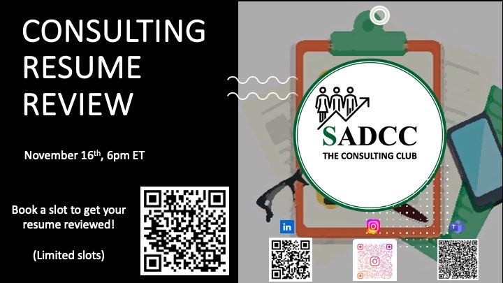 ‼️SADCC is holding a resume review workshop! 

🌟Learn about what makes a good consulting resume followed by one on one resume review!
 
🗓️Date: November 16th
⏰Time: 6-7 pm ET
 
Register: forms.gle/s7Kk3Ju4PZ7jpc…
