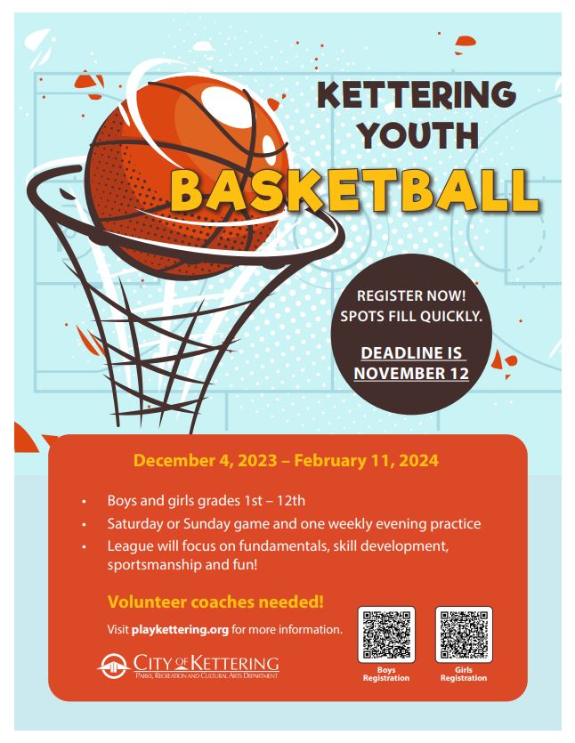 Don't miss your opportunity to get your kiddos registered for our Kettering Youth Basketball program! Registration ends November 12th!
