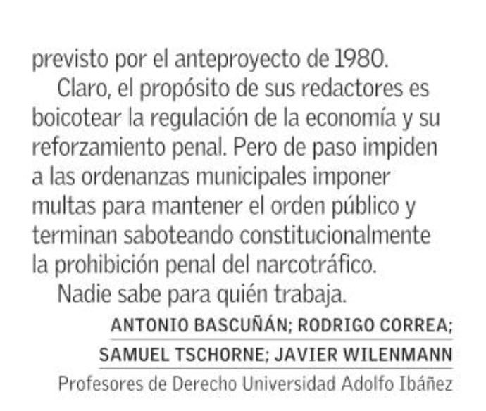 La propuesta a plebiscitar devendría en inconstitucional el delito de narcotráfico y la potestad de municipalidades de establecer sanciones administrativas en sus ordenanzas.

Así lo advierten profesores Bascuñán, Correa, Tschorne y Wilenmann 👀👇