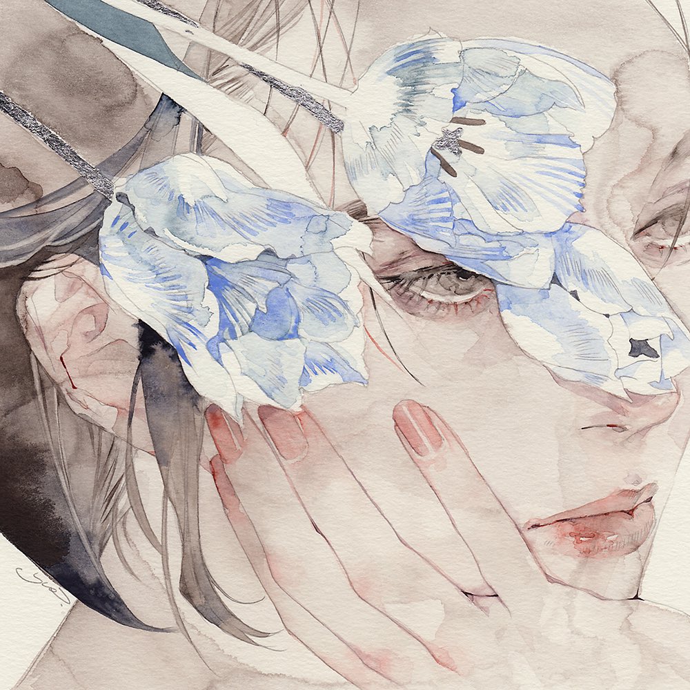 solo flower blue flower 1girl grey eyes portrait eyelashes  illustration images