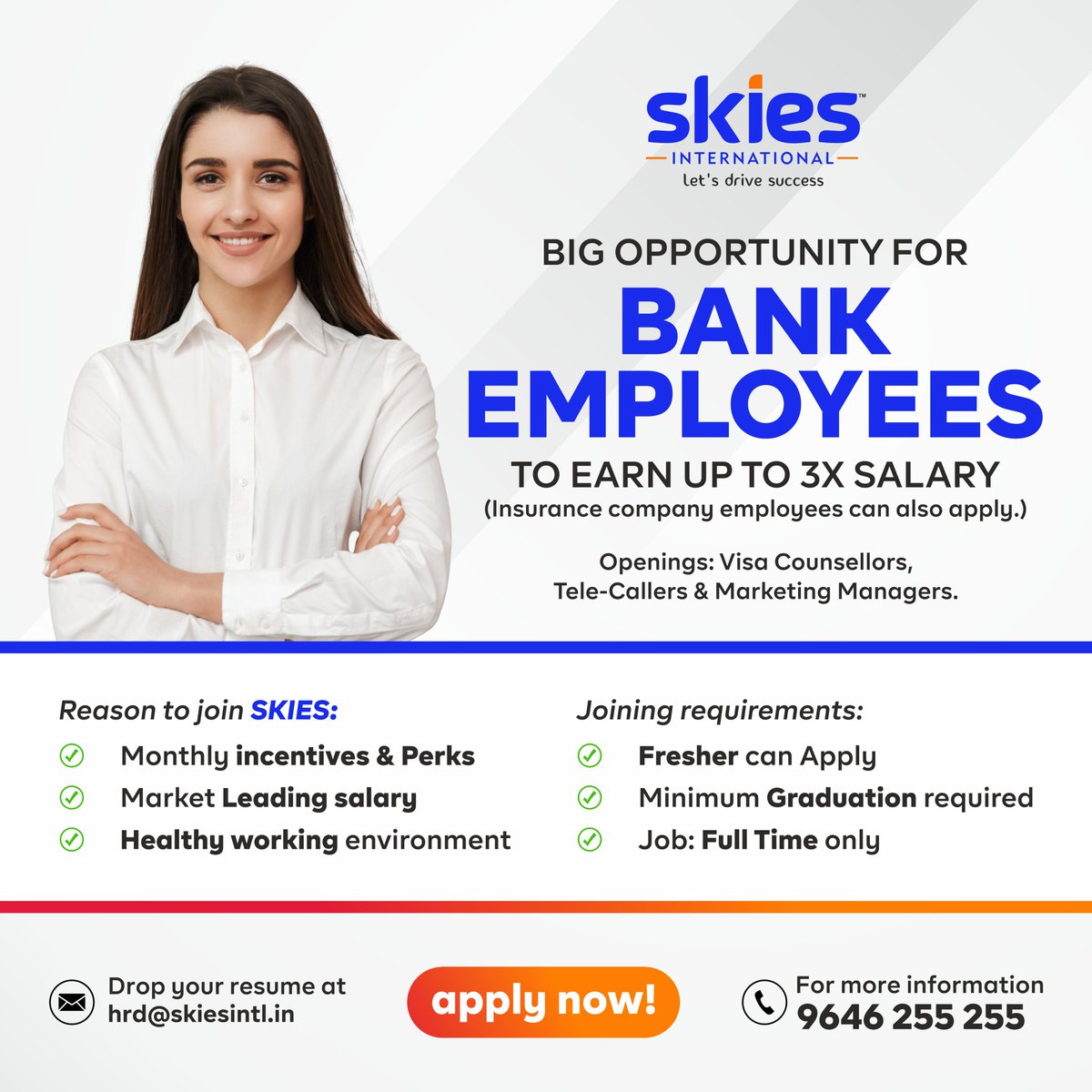 Join the Skies International team in Punjab, India!

We're expanding our family and looking for talented individuals to fill key roles at our Jalandhar and Sultanpur Lodhi branches. 

#SkiesInternationalCareers #PunjabJobs #JoinOurTeam #wearehiring #jobs #job #skiesinternational