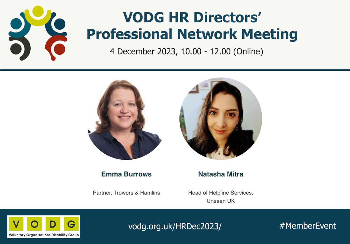 VODGmembership's tweet photo. Members of the VODG HR directors' professional network, join us 4 December, 10.00 - 12.00, for our next online event.
We look forward to welcomingย @EmmaBurrows1 at @Trowers and Natasha Mitra at @UnseenUK
https://t.co/cy8mp4xnC0
#MemberEvent #VODGNetwork #LearningTogether https://t.co/krYHblx7HV