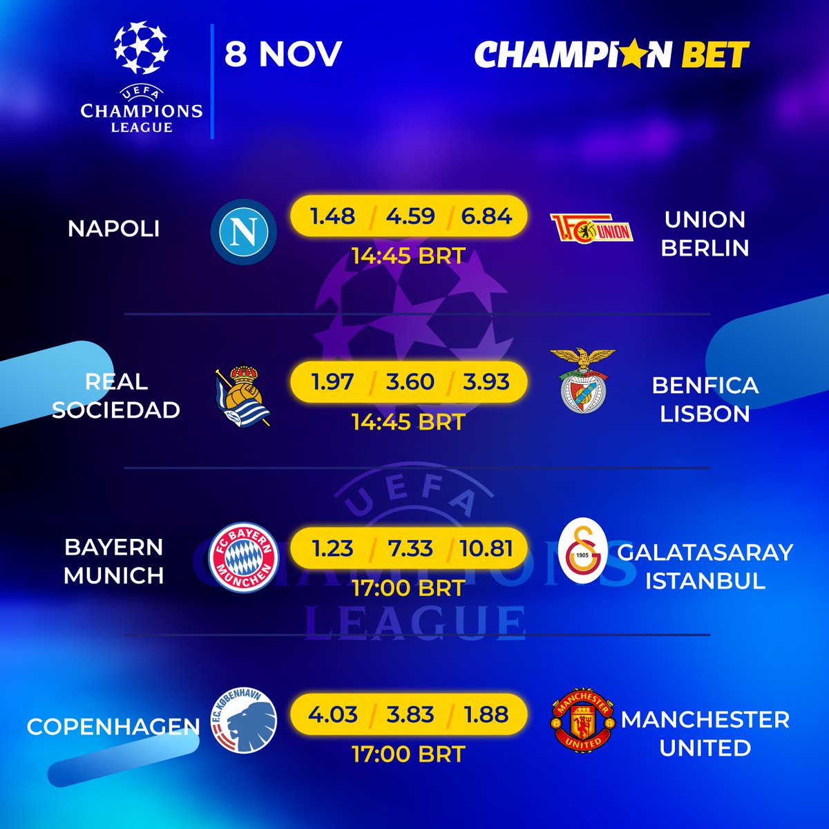 ChampionBetBraz's tweet photo. ⚽️🏆 A 4ª rodada da CHAMPIONS LEAGUE chegou, amigos apostadores! 🏆⚽️

O campo de futebol vai se iluminar com batalhas épicas! 🔥
Boa sorte, e que as chances estejam sempre a seu favor!
.
.
.
#ChampionBet #UEFAChampionsLeague #Round4 #Betting #OnlineCasino https://t.co/TfpCAjJxX7