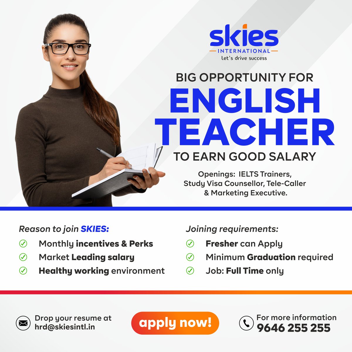 Unlock your teaching potential with Skies International.

If you're passionate about English and ready to make a big impact, this opportunity is tailor-made for you. 📚💬

Let's shape futures together!

#EnglishTeachers #IELTSTrainers #SkiesInternationalCareers #PunjabJobs