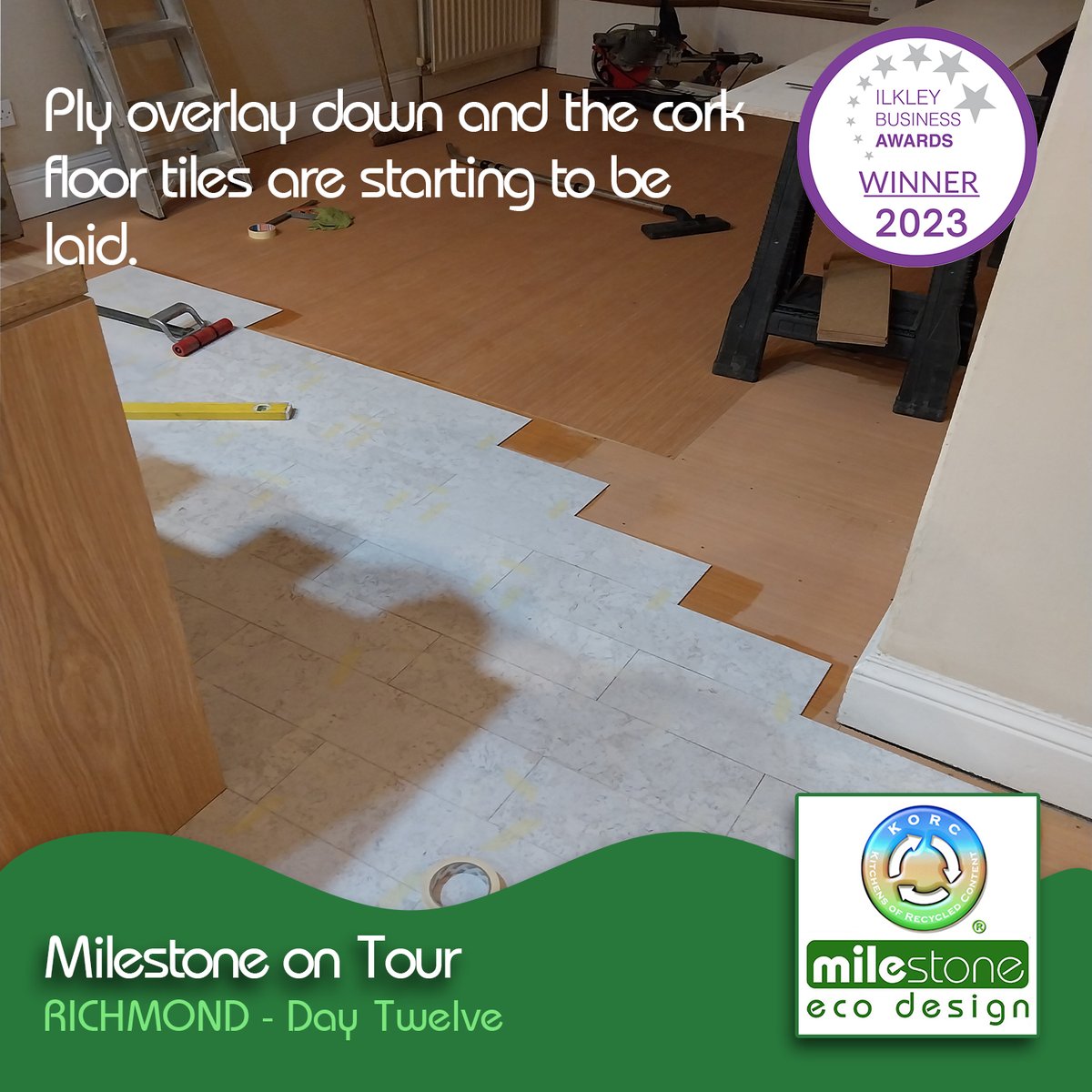EcoKitchens's tweet photo. Back in Richmond and the ply floor overlay has been laid and the cork floor tiles are now starting to go down. 
#milestoneecokitchens #kitchendesign #ecofriendlyproducts #sustainableliving #ourplanetsaysthankyou #ilkleybusiness #ecobusinessoftheyear2023 #flyingtheflagforilkley https://t.co/QzVKBQJOyT