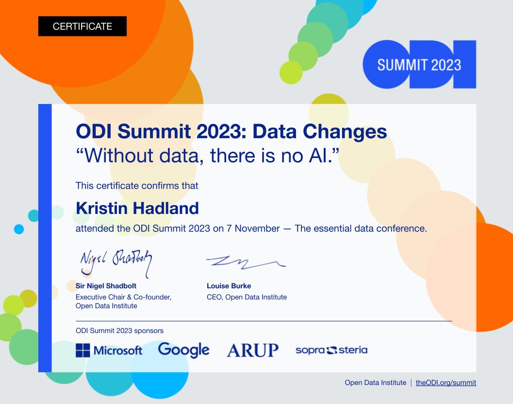 ODIHQ's tweet image. Thank you to everyone who attended the #ODISummit2023 yesterday! 
We hope that you found it an amazing experience that fully investigated the global data needs that we have together with concerns about data. 

All attendees will receive an ODI Summit certificate. #DataChanges